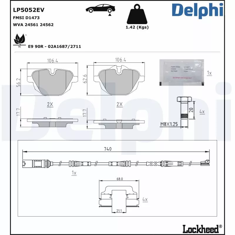 Jeu de 4 plaquettes de frein arrière DELPHI LP5052EV